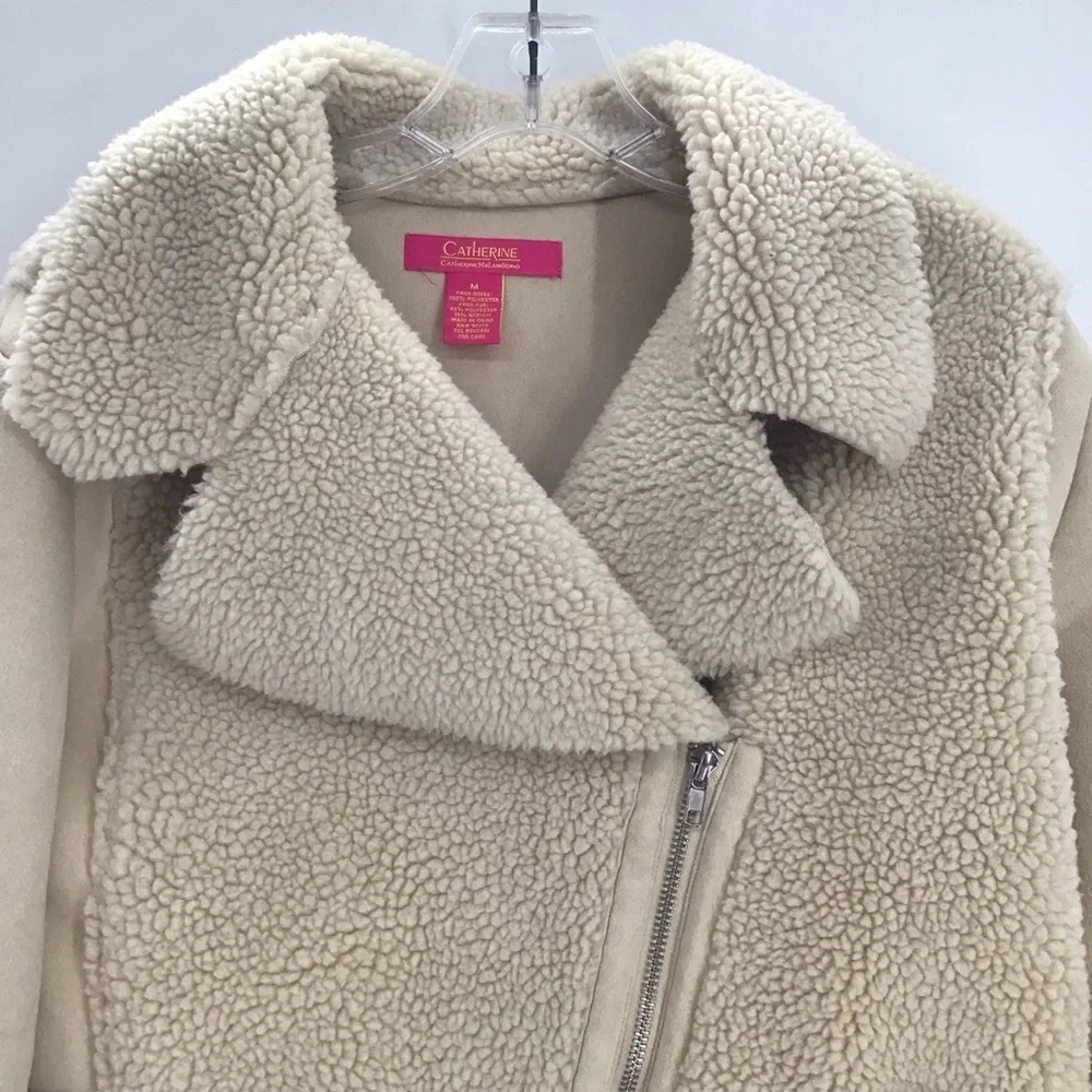 Catherine Maladrino Faux Fur Faux Leather Moto Jacket Casual Natural Size M